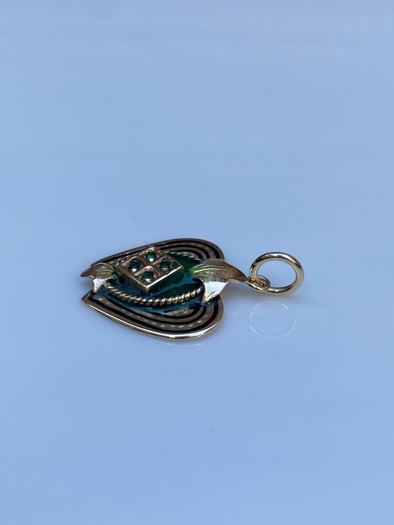 Vintage Solid 14k Yellow Gold Green Enamel Charm … - image 4