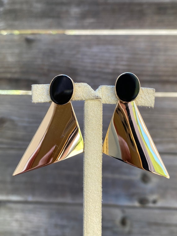 Vintage Solid 14k Yellow Gold Onyx Drop Triangle … - image 1