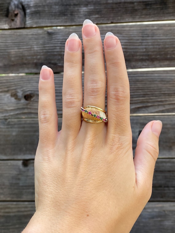 Vintage Solid 14k Yellow Gold Ruby Emerald Fluted… - image 2