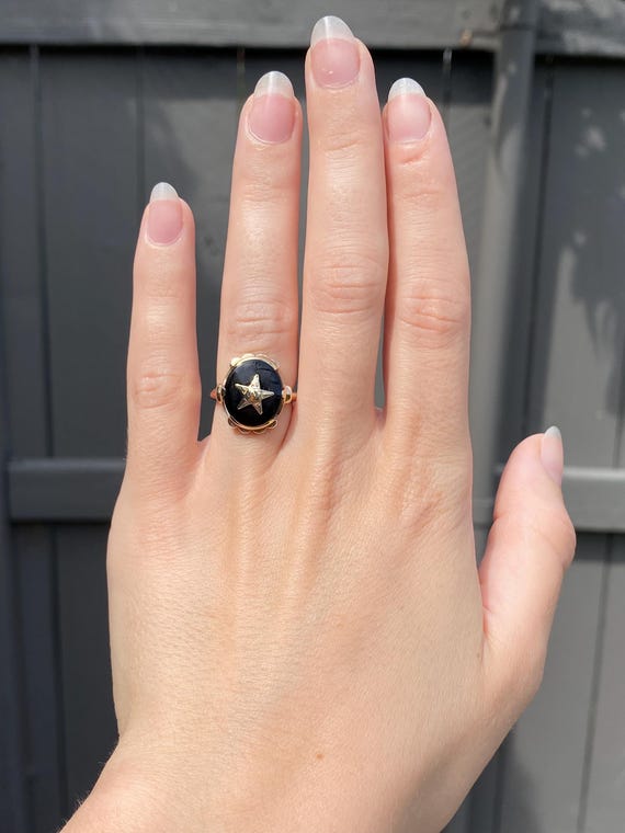 Vintage Solid 10k Yellow Gold Onyx Star Art Deco Ring - Size