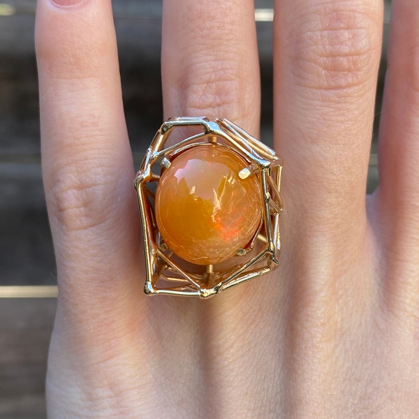 Vintage Solid 14k Yellow Gold Fire Opal Statement Ring - Size 5.75 - Fine Estate Jewelry - Real Genuine Gold