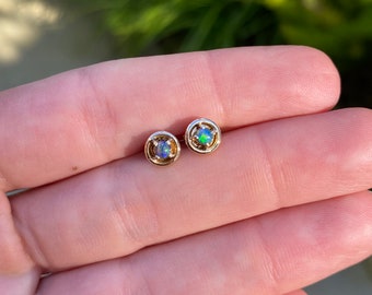 Vintage Solid 14k Yellow Gold Opal Stud Earrings - Quality Fine Estate Jewelry - Real Genuine Gold