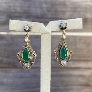 Vintage 14k Yellow Gold Glass Stone Dangle Earrings - Green Emerald & Diamond Like - Fine Estate Jewelry - Real Genuine Gold