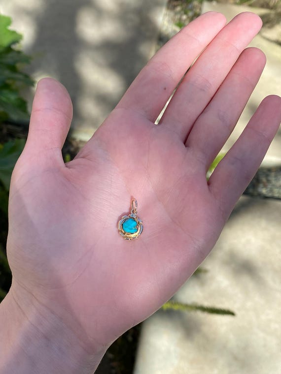 Solid 14k Yellow Gold Turquoise Charm - Quality F… - image 2