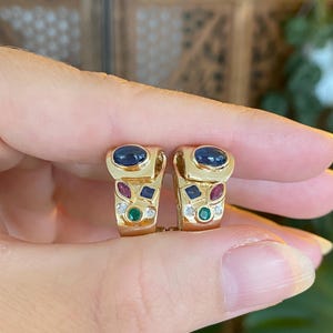 Vintage Solid 14k Yellow Gold Blue Sapphire Ruby Diamonds Emerald Drop Earrings