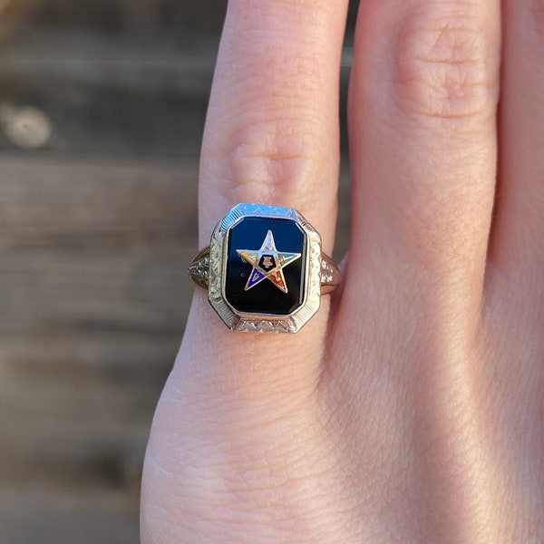 Vintage Solid 10k Yellow & White Gold Freemason Order Of The Eastern Star Ring - Size 4.25 - Quality Fine Estate Jewelry - Real Genuine Gold