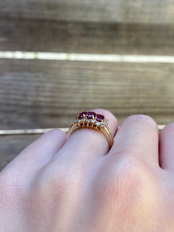 Vintage Solid 14k Yellow Gold Ruby & Diamond Halo… - image 4