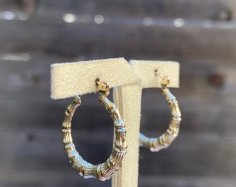 Vintage Solid 10k Yellow Gold Bamboo Hoop Earrings - Quality Fine Estate Jewelry - Real Genuine Gold - Classic