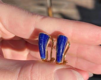 May include: A pair of gold tone clip-on earrings with blue lapis lazuli stones.