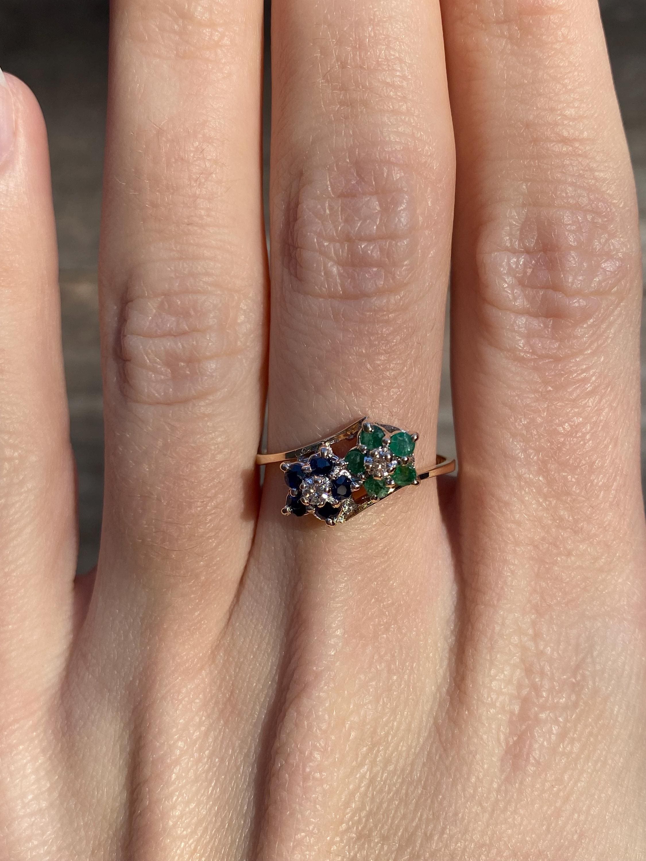 Vintage Solid 14k Yellow Gold Diamond Blue Spinel Green Cubic Zirconia Ring - Size 7.75 - Fine Estate Jewelry - Real Genuine Gold