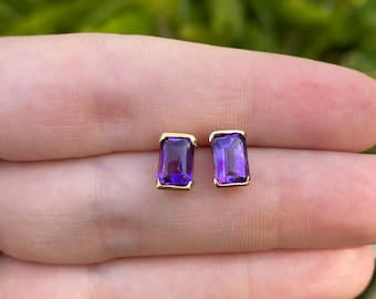 Vintage Solid 14k Yellow Gold Amethyst Stud Earrings - Quality Fine Estate Jewelry - Real Genuine Gold