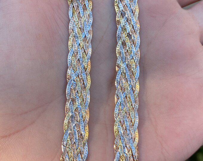 18 Gram Vintage 14k Tritone Gold Braided Herringbone Chain Necklace 18