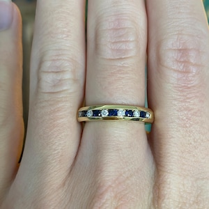 Solid 18k Yellow Gold Diamond Sapphire Ring Band - Size 5.75 - Fine Estate Jewelry - Real Genuine Gold