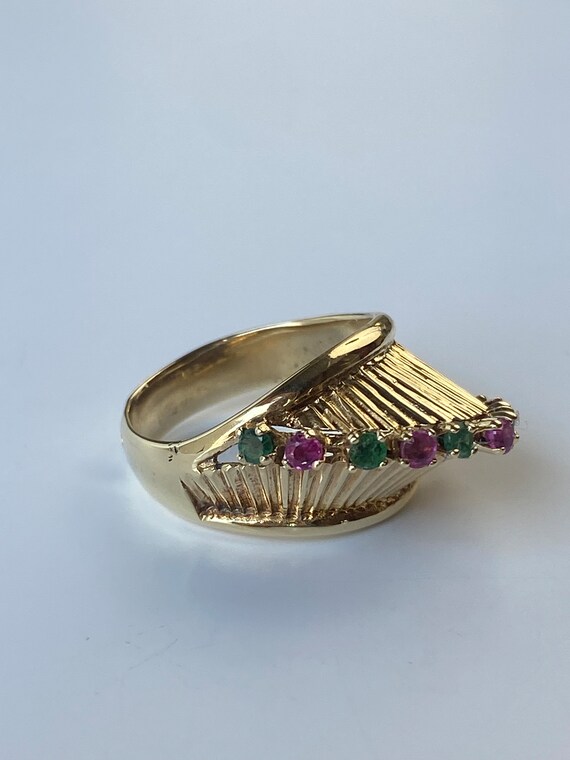 Vintage Solid 14k Yellow Gold Ruby Emerald Fluted… - image 9