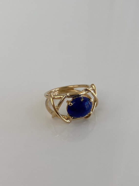 Solid 14k Blue Lapis Lazuli X Pattern Ring - Size… - image 9