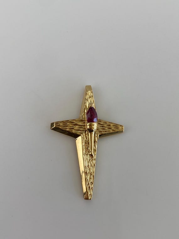 Vintage Solid 18k Yellow Gold Ruby Cross Charm - … - image 3