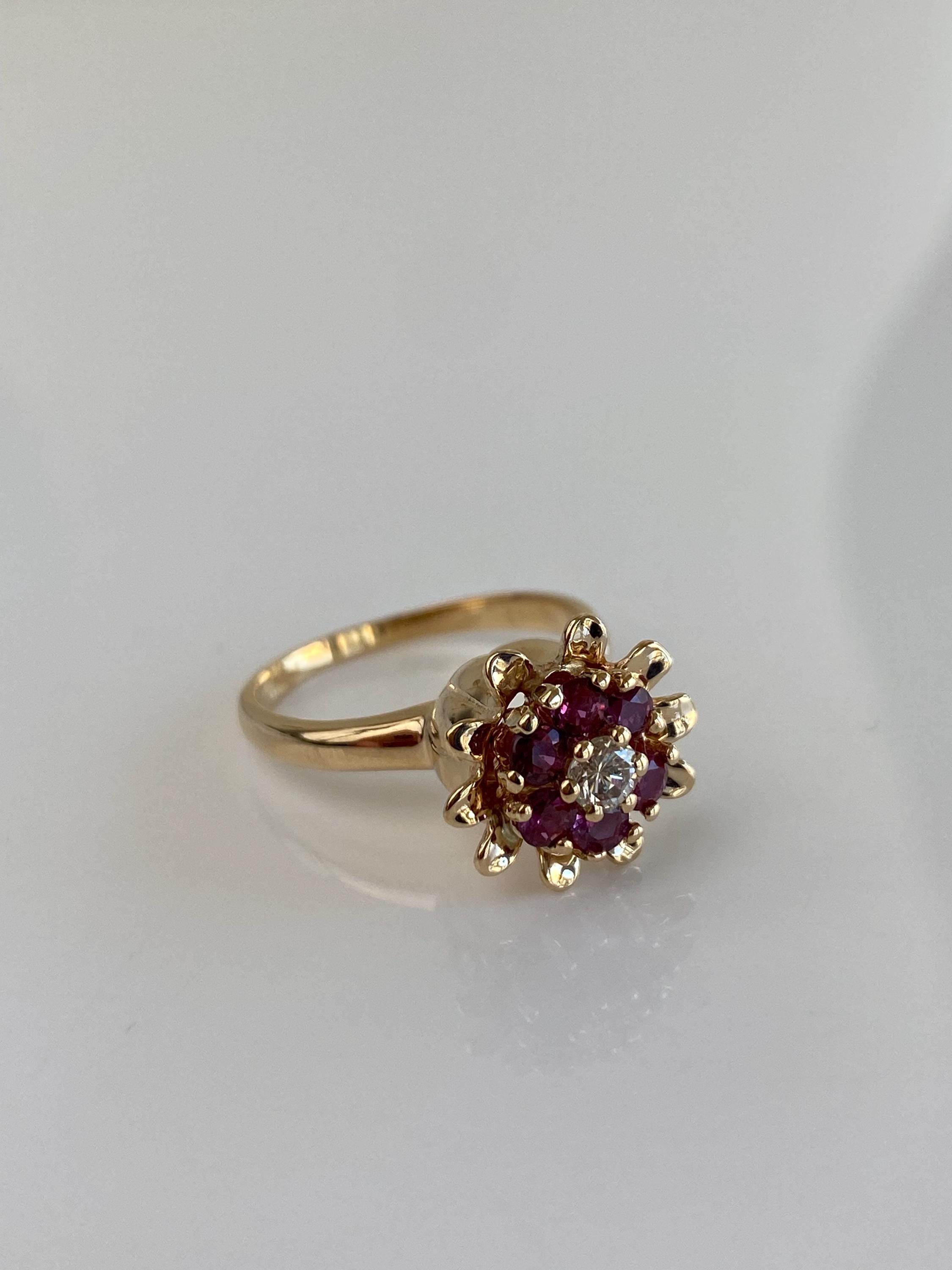 Vintage Solid 14k Yellow Gold Diamond Ruby Flower Ring - Size 6.75 - Etsy