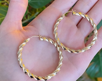 May include: A pair of gold-colored hoop earrings with a twisted rope design. The earrings are held in a hand, with a green leafy background.