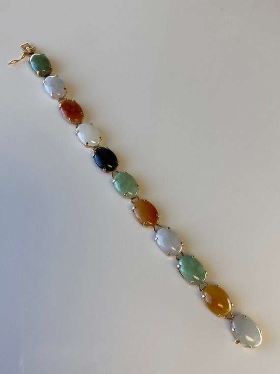 Vintage Solid 14k Yellow Gold Colorful Jade Brace… - image 3