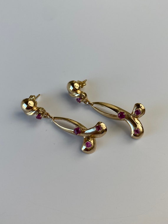 Vintage Solid 14k Yellow Gold Pink Sapphire Drop … - image 9