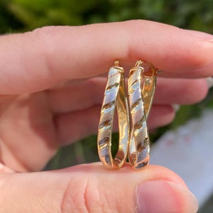 Vintage 18k Tri Tone Gold Oval Hoop Earrings - Quality Fine Estate Jewelry - Real Genuine Gold