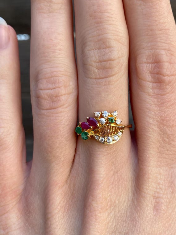 Vintage Solid 20k Yellow Gold Ruby Emerald Cubic … - image 1