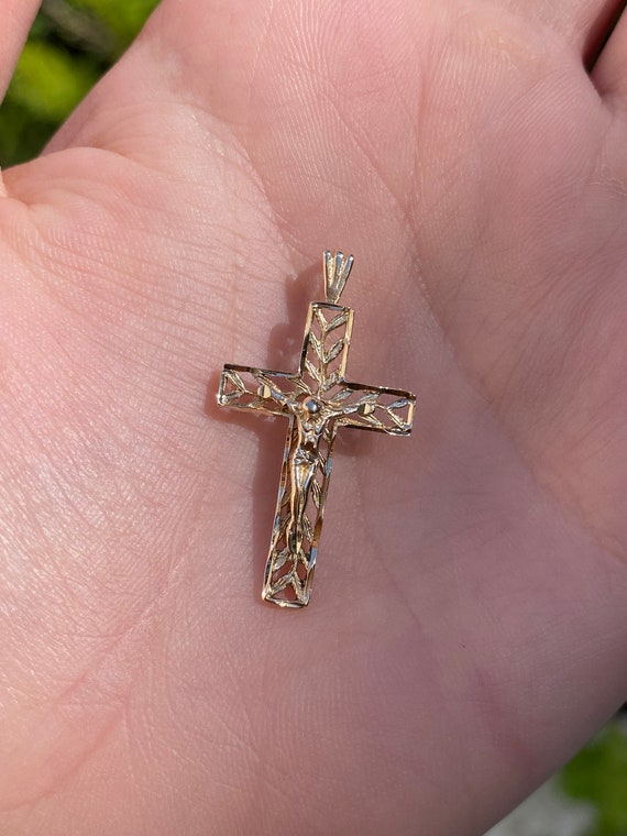 Solid 14k Yellow Gold Crucifix Cross Charm - Real… - image 1