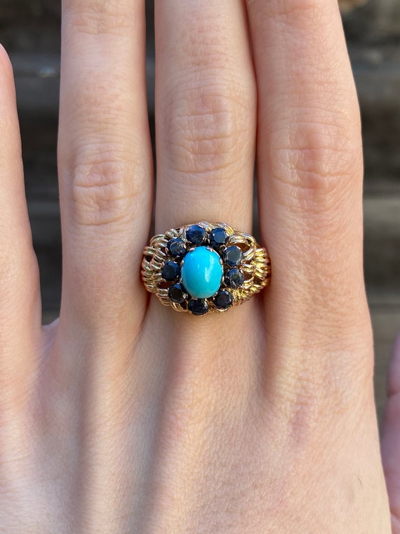 Vintage Solid 10k Yellow Gold Turquoise & Blue Sp… - image 1