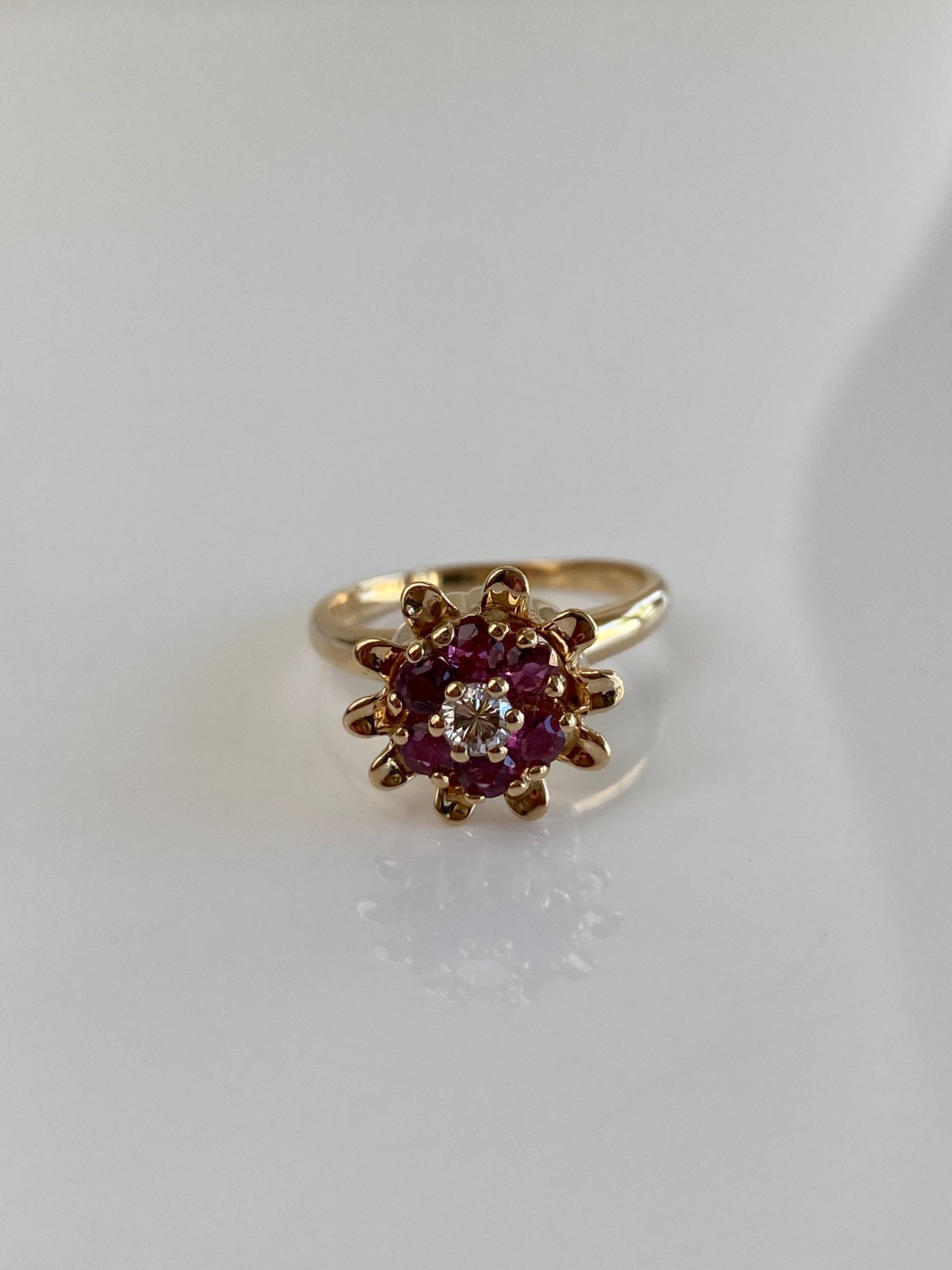 Vintage Solid 14k Yellow Gold Diamond Ruby Flower Ring - Size 6.75 - Etsy
