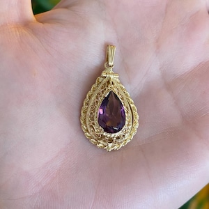 Vintage Solid 14k Yellow Gold Purple Cubic Zirconia Open Work Locket Charm
