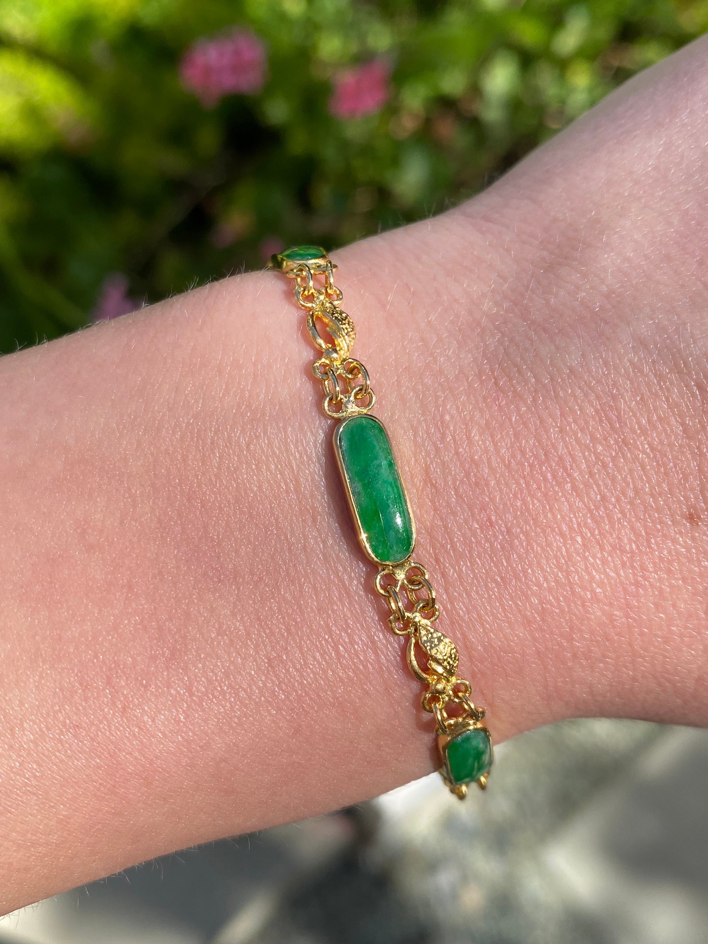 Vintage Solid 24k Yellow Gold Jade Bracelet Fine Estate 