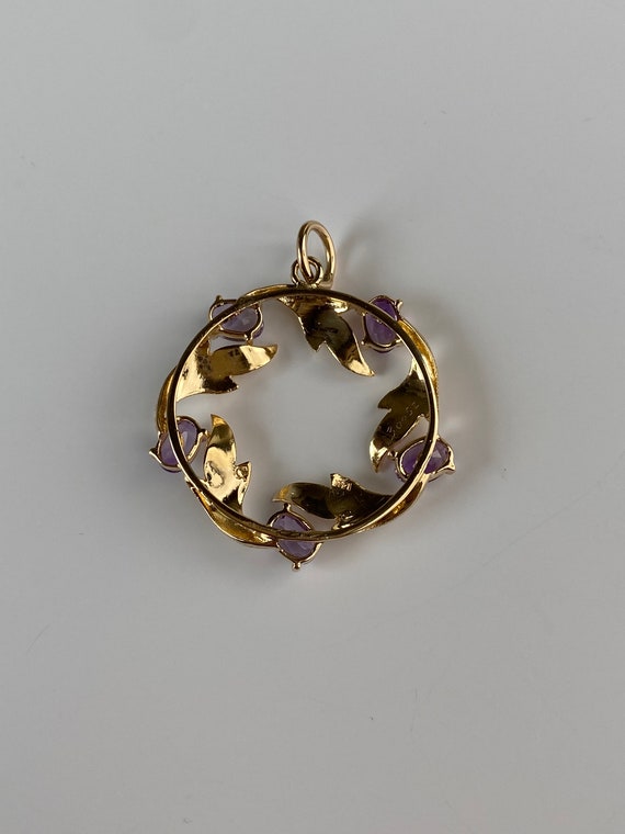 Vintage Solid 14k Yellow Gold Amethyst Leaf Circl… - image 5