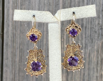 Vintage Solid 14k Yellow Gold Filigree Amethyst Drop Earrings - Drop Dangle - Quality Fine Estate Jewelry - Real Genuine Gold