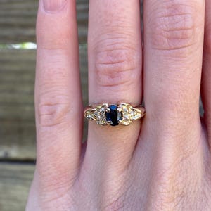 Solid 14k Yellow Gold Diamond Blue Sapphire Ring - Size 5.5 - Fine Estate Jewelry - Real Genuine Gold