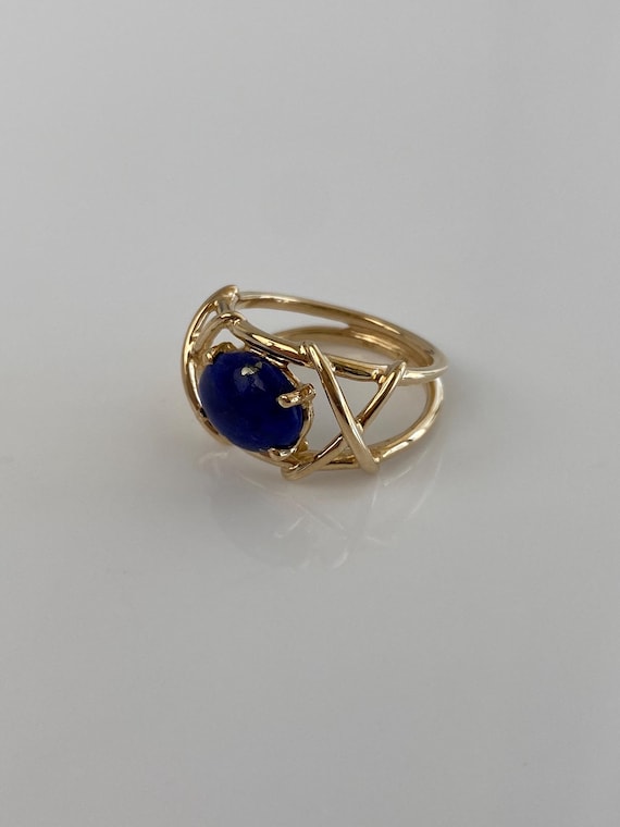 Solid 14k Blue Lapis Lazuli X Pattern Ring - Size… - image 6