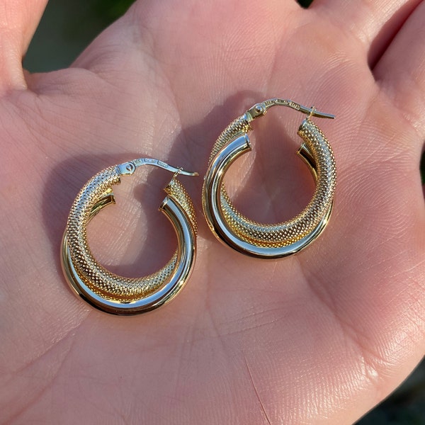 Vintage 14k Yellow Gold Stacked Hoop Earrings - Fine Estate Jewelry - Real Genuine Gold