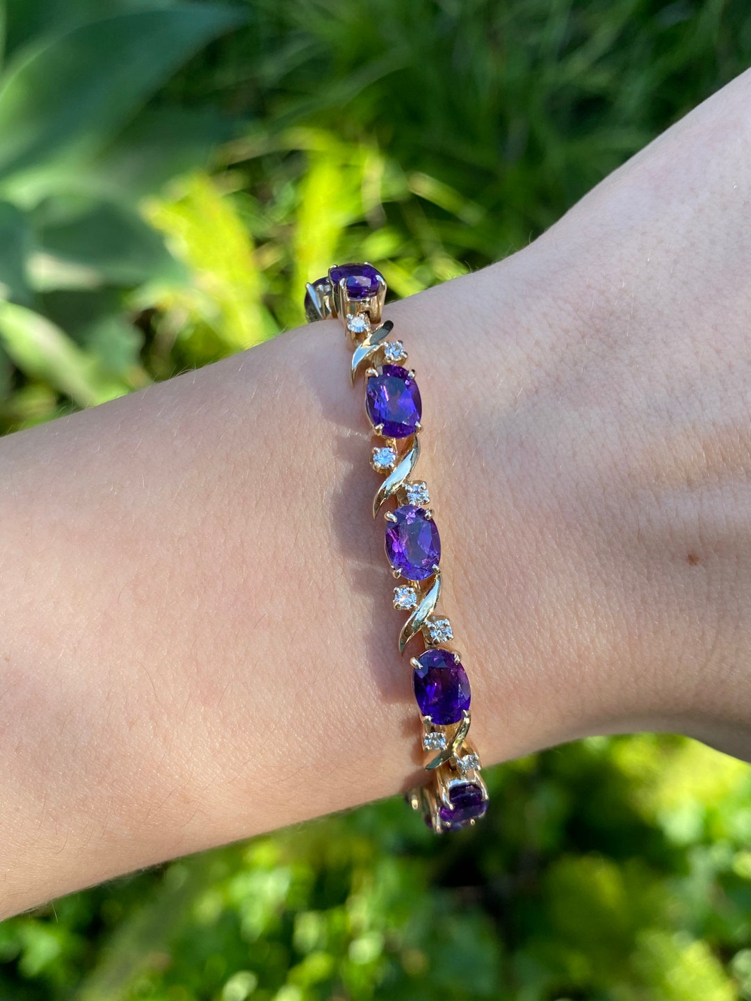 Vintage Solid 14k Yellow Gold Amethyst Diamond Bracelet Etsy
