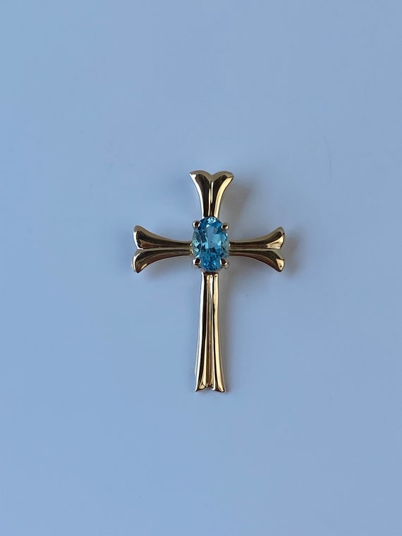 Vintage Solid 14k Yellow Gold Topaz Cross Charm -… - image 3