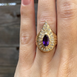 Vintage Solid 14k Yellow Gold Amethyst Diamond Halo Ring - Size 4