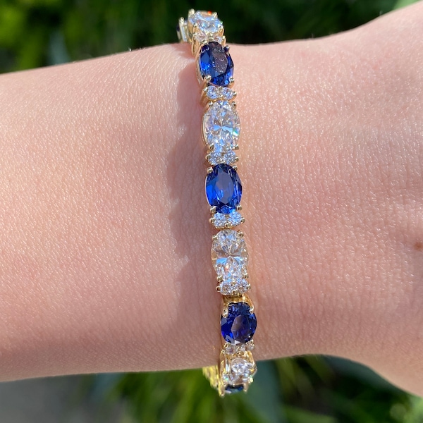 Vintage Solid 14k Yellow Gold Lab Sapphire & Cubic Zirconia Tennis Bracelet - Real Genuine Gold - Quality Fine Estate Jewelry - Gift For Her