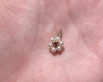 Solid 14k Yellow Gold Red Spinel & Pearl Flower Charm - Pendant for Necklace - Real Genuine Gold - Quality Fine Estate Jewelry -