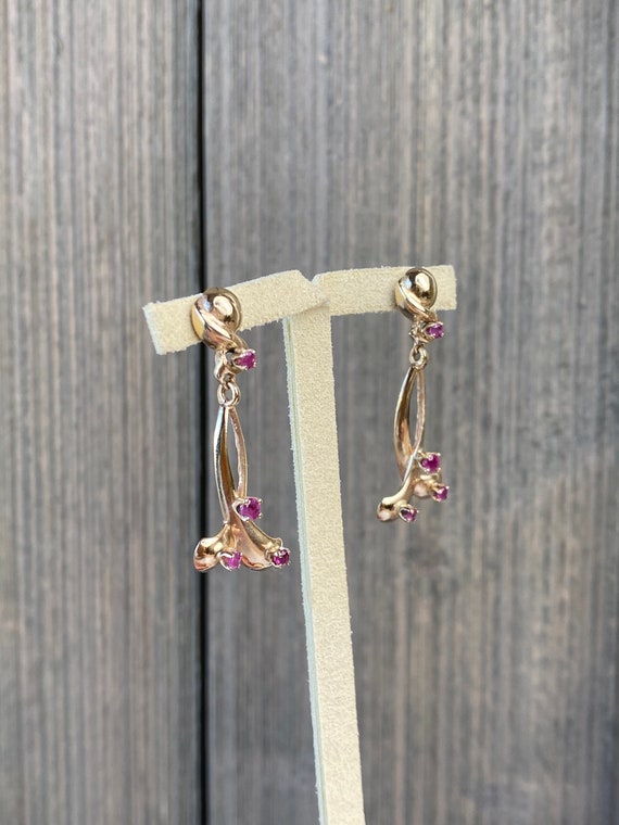 Vintage Solid 14k Yellow Gold Pink Sapphire Drop … - image 7