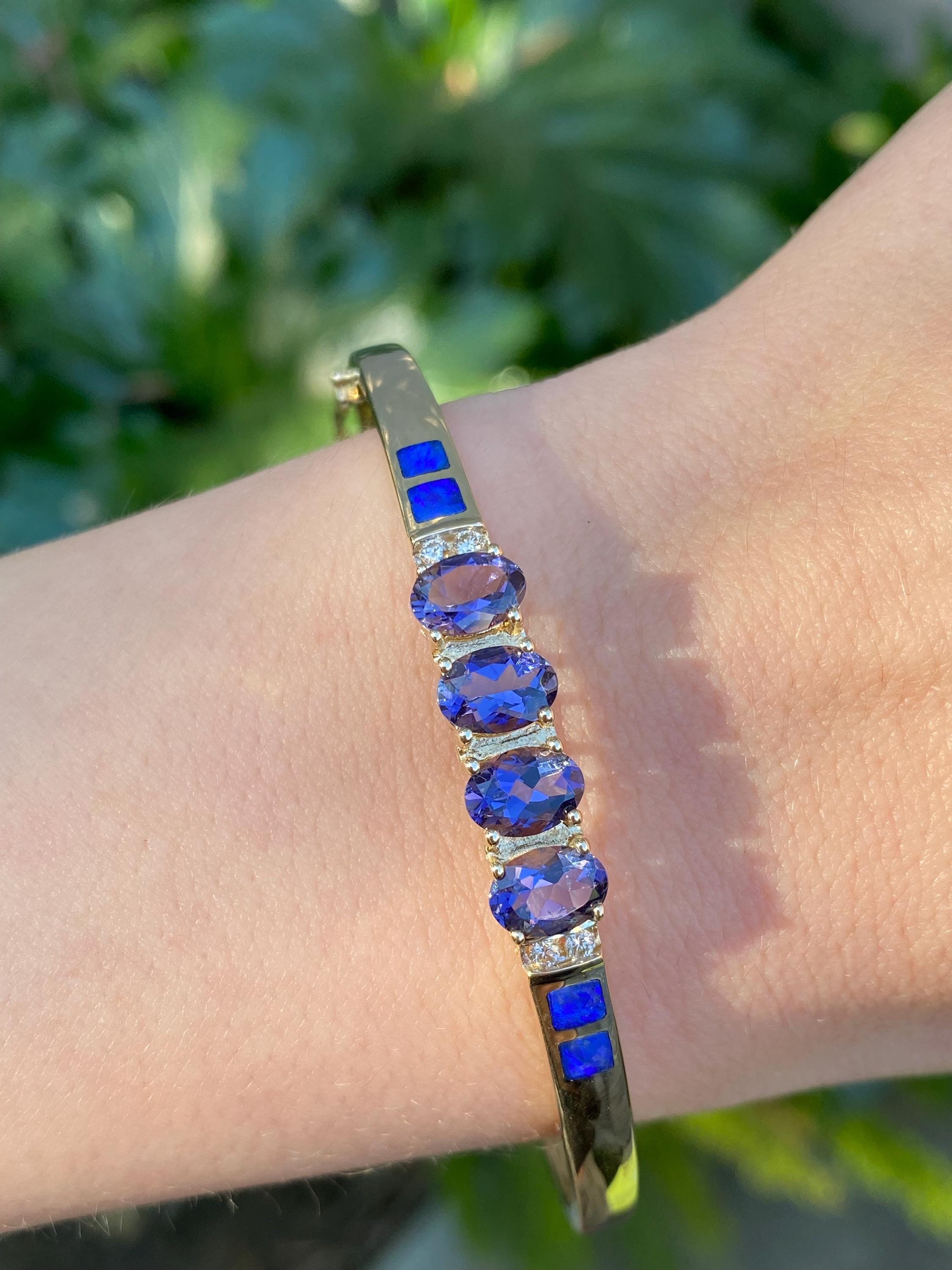 Vintage Solid 10k Yellow Gold Diamond Opal Inlay Tanzanite Bangle Bracelet - Quality Fine Estate Jewelry - Real Genuine Gold