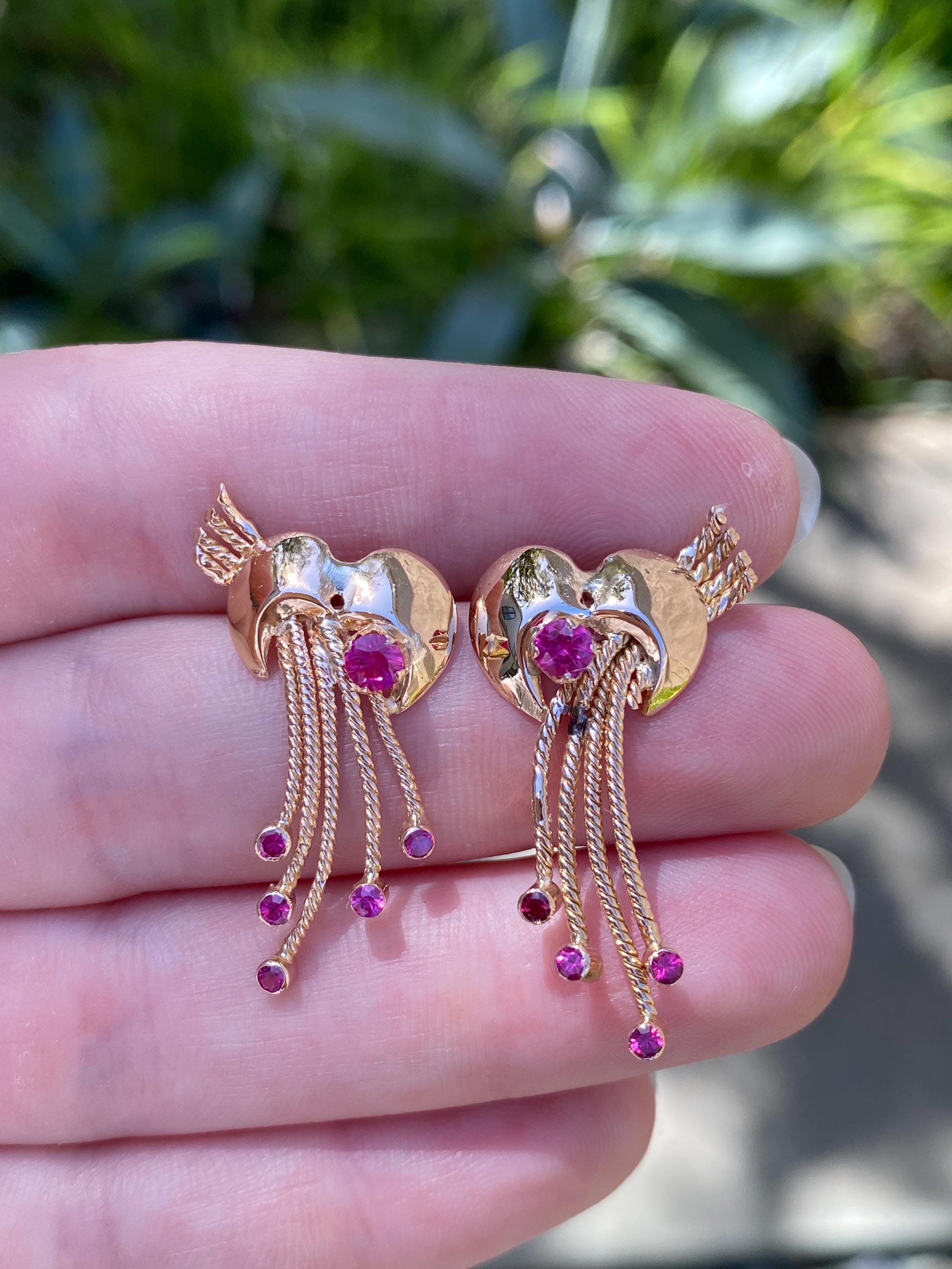 Solid 14k Yellow Gold Pink Spinel Fringe Stud Earrings - Fine Estate Jewelry - Real Genuine Gold