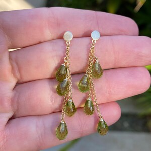 Vintage Solid 14k Yellow Gold Peridot Chain Drop Dangle Earrings - Green Gemstone - Quality Fine Estate Jewelry - Real Genuine Gold