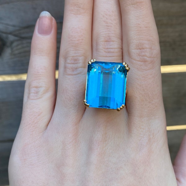 Vintage Solid 14k Yellow Gold Topaz & Diamond Ring - Size 8 - Blue Gemstone - Statement - Quality Fine Estate Jewelry- Real Genuine Gold