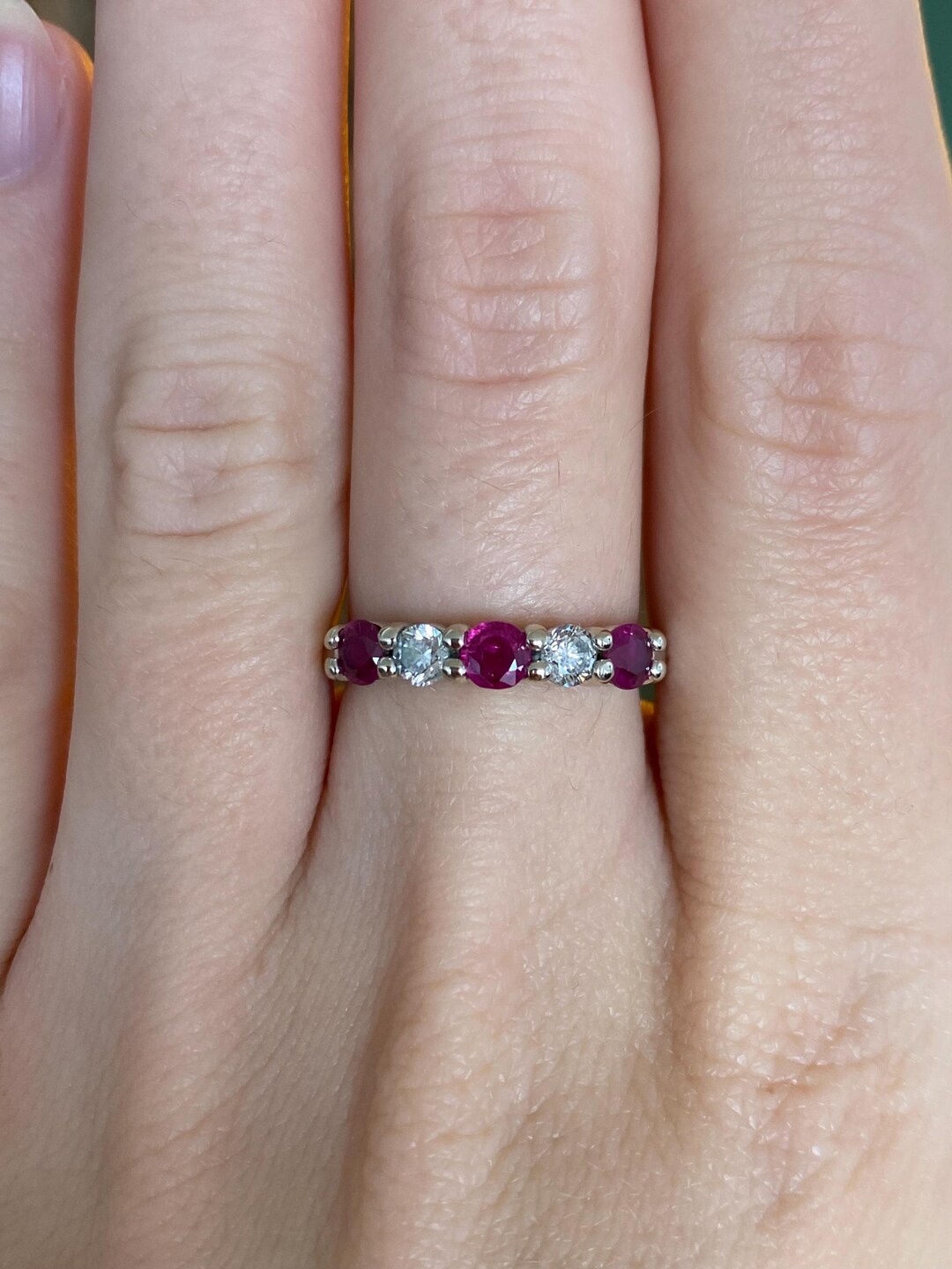 Vintage Solid 14k White Gold Diamond Ruby Band Ring - Size 6.75 - Etsy