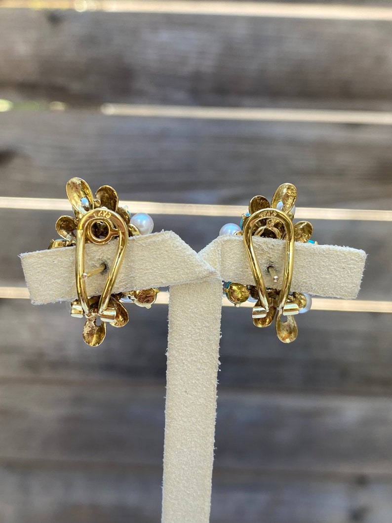 Vintage Solid 14k Yellow Gold Turquoise & Pearl Drop Earrings Fine ...