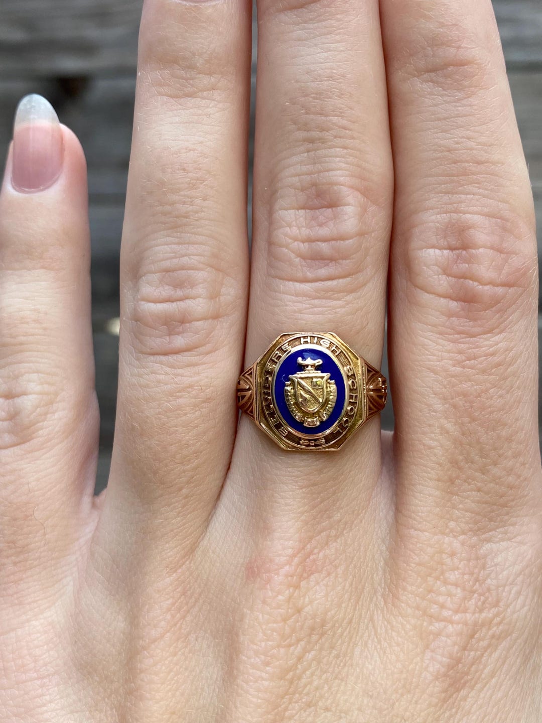 Vintage Solid 10k Yellow Gold Blue Enamel Class Ring - Size 6.25