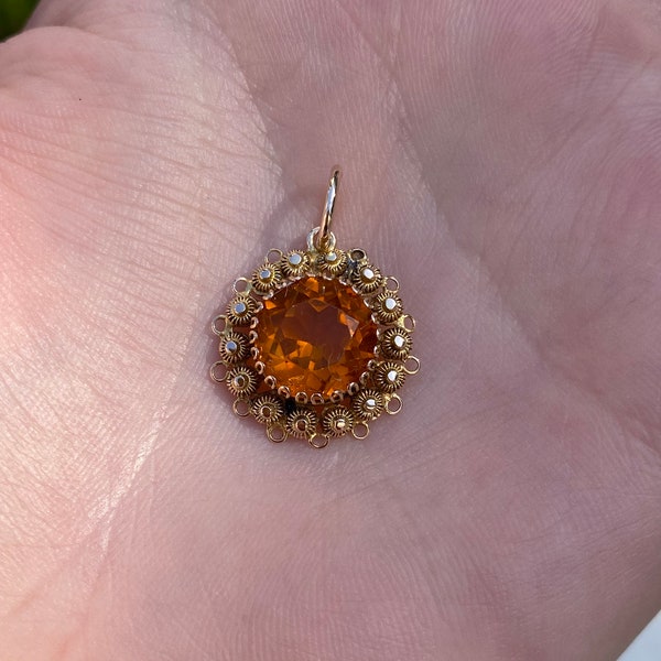 Vintage Solid 18k Yellow Gold Orange Cubic Zirconia Charm - Pendant for Necklace - Fine Estate Jewelry - Real Genuine Gold